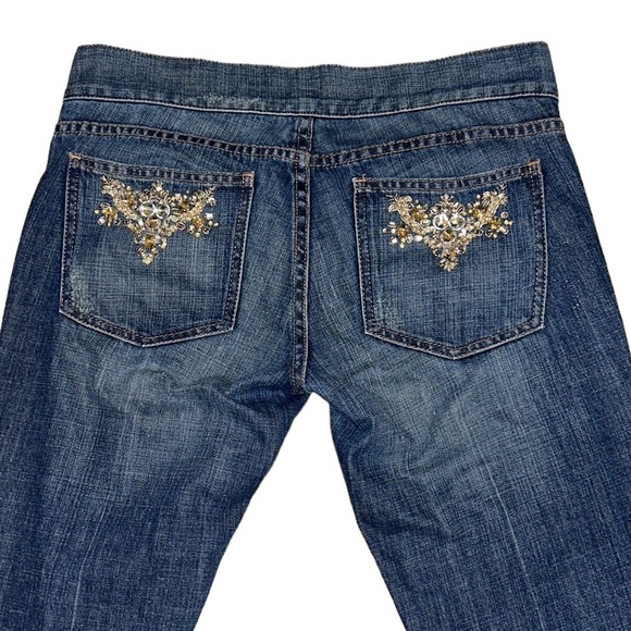 Escada Vintage Y2K Embellished Rhinestone Low Rise Flared Distressed Jeans - 8 - Picture 7 of 14